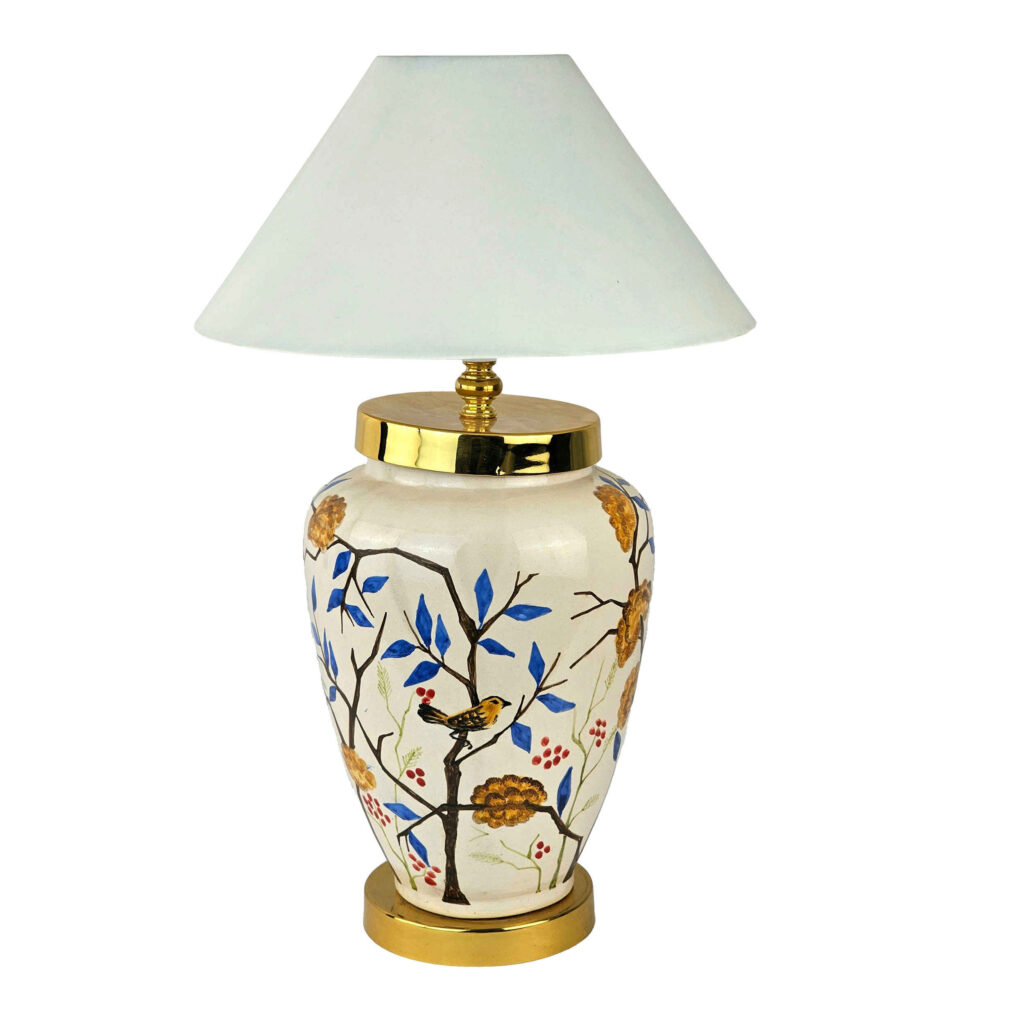Lampe de table vase en céramique faite main – style oriental avec oiseaux et fleurs