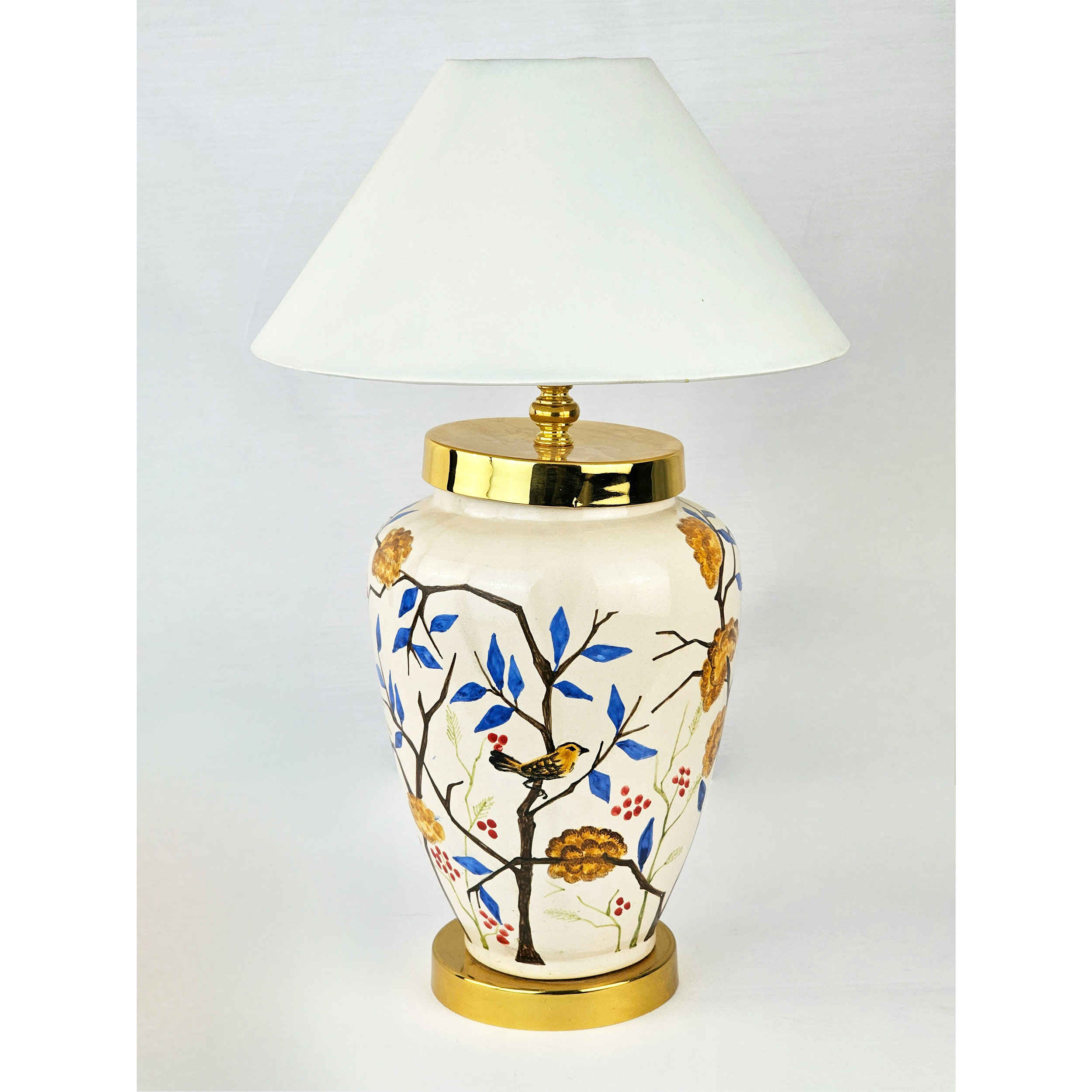Lampe de table vase en céramique faite main – style oriental avec oiseaux et fleurs