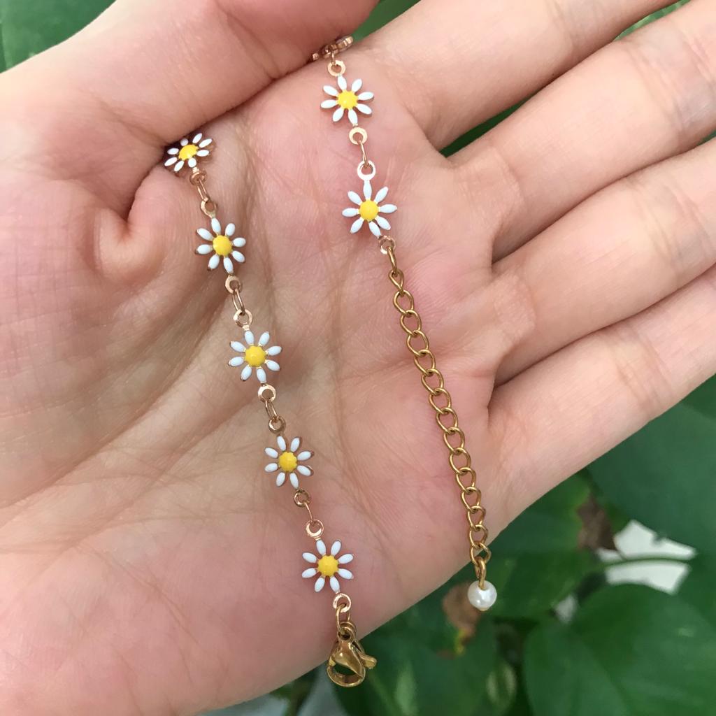 Bracelet Cheville en Chaîne avec Design de Fleur de Soleil Blanche