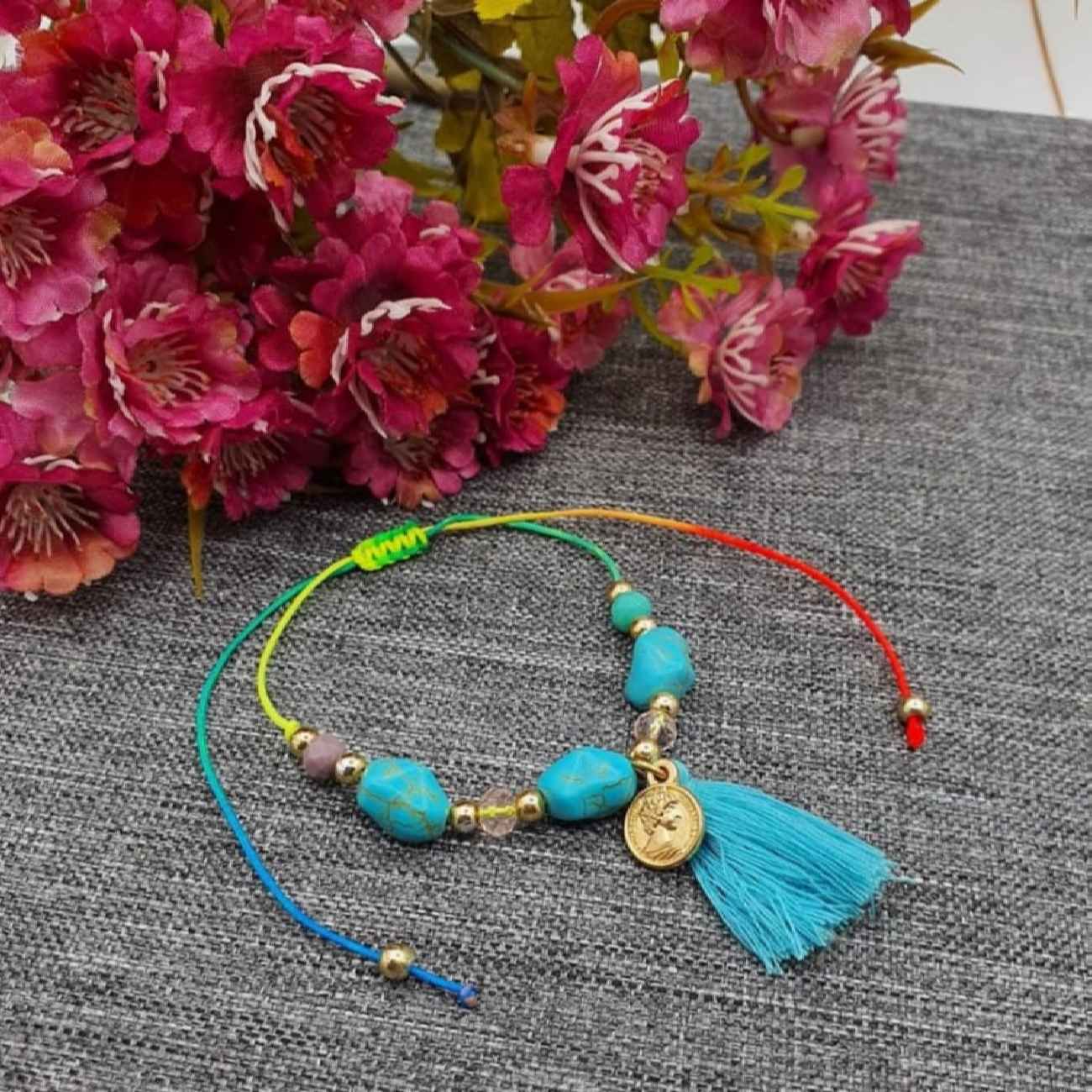 Bracelet Cheville en Coton pour Femmes avec Pierre Précieuse Modèle Fleur