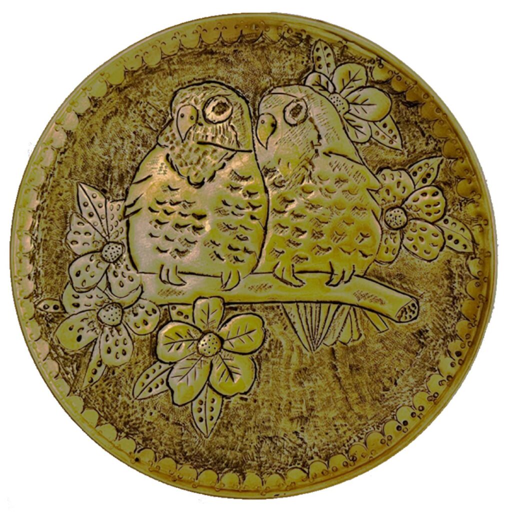 Plateau en laiton décoratif gravé Ghalamzani rond avec oiseaux et fleurs