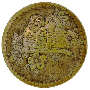 Plateau en laiton décoratif gravé Ghalamzani rond avec oiseaux et fleurs