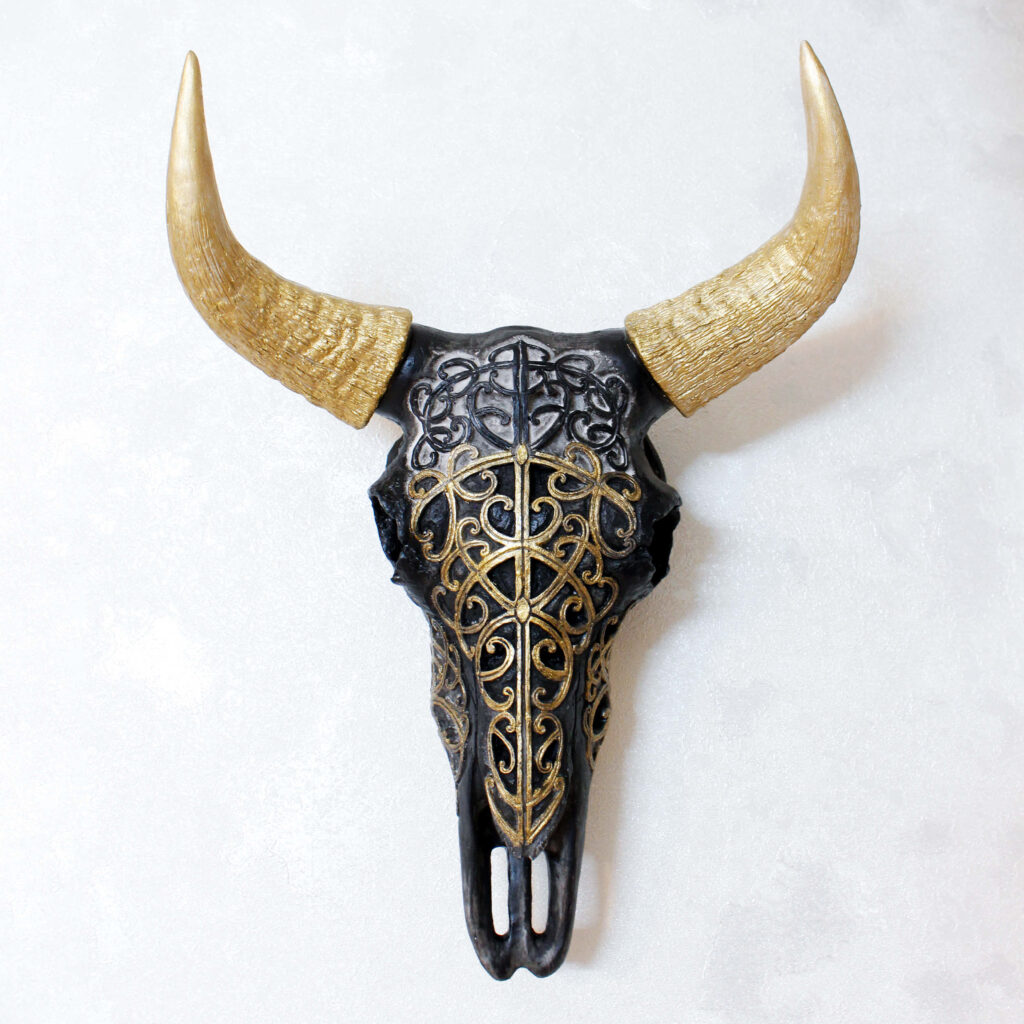 Figurine décorative de crâne de taureau avec cornes dorées - Sculpture à thème western