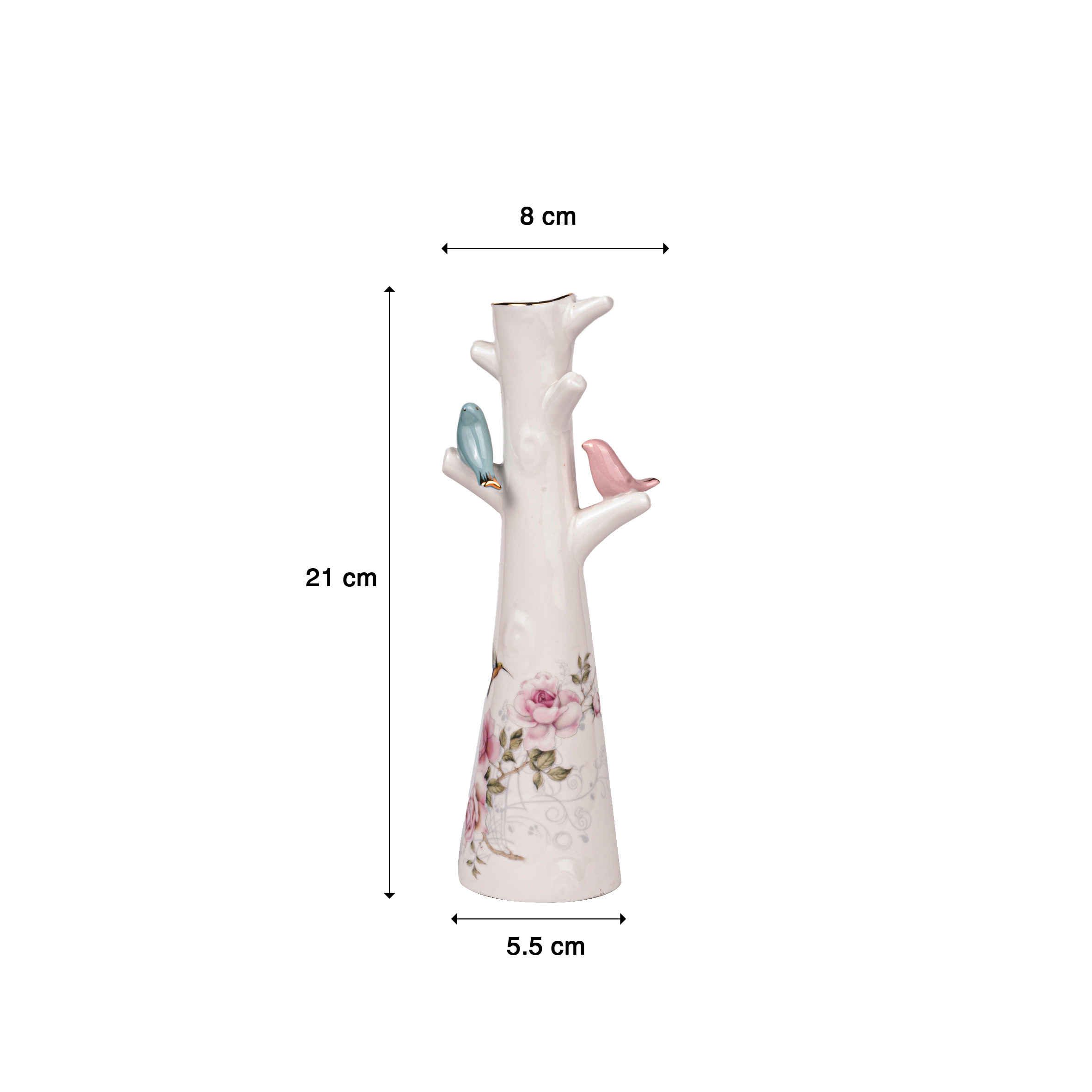 Vase à bourgeons décoratif en céramique, design floral et oiseau, couleur blanche.