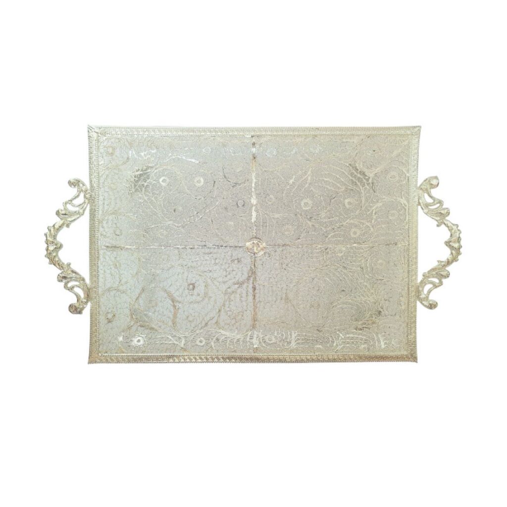 Plateau décoratif en cuivre filigrané argenté, style artistique fait main
