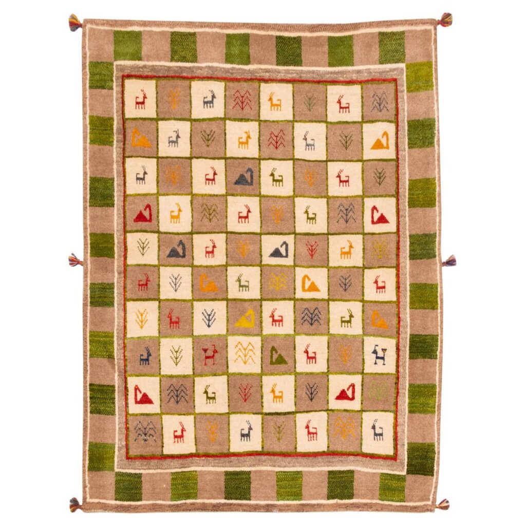 Tapis en laine Gabbeh persan tissé à la main en Fars avec motifs animaliers