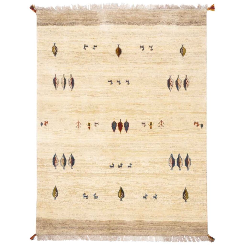 Tapis en laine Gabbeh persan tissé à la main en Fars motifs d'arbres crème