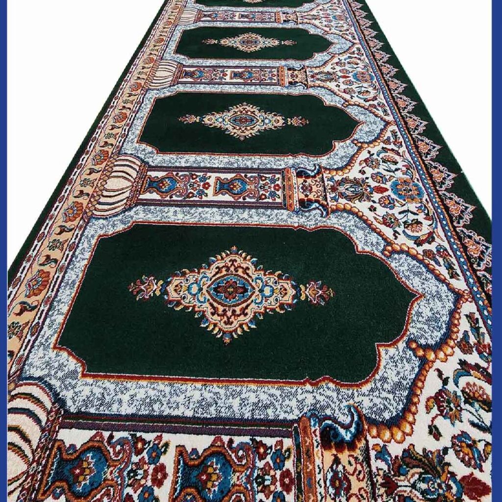 Tapis de Mosquée Islamique avec Design Mihrab - Coton Vert, 5 Mètres