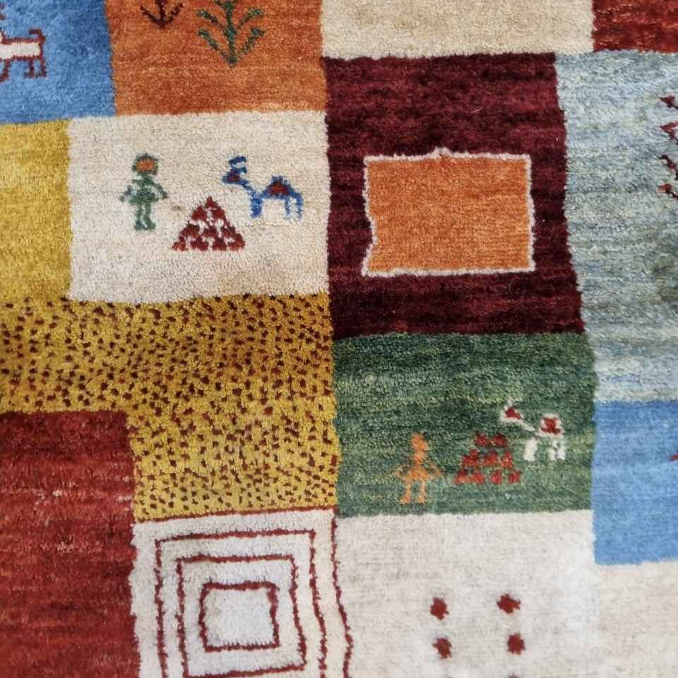 Tapis en laine Gabbeh persan authentique tissé à la main Kashkuli géométrique bordé