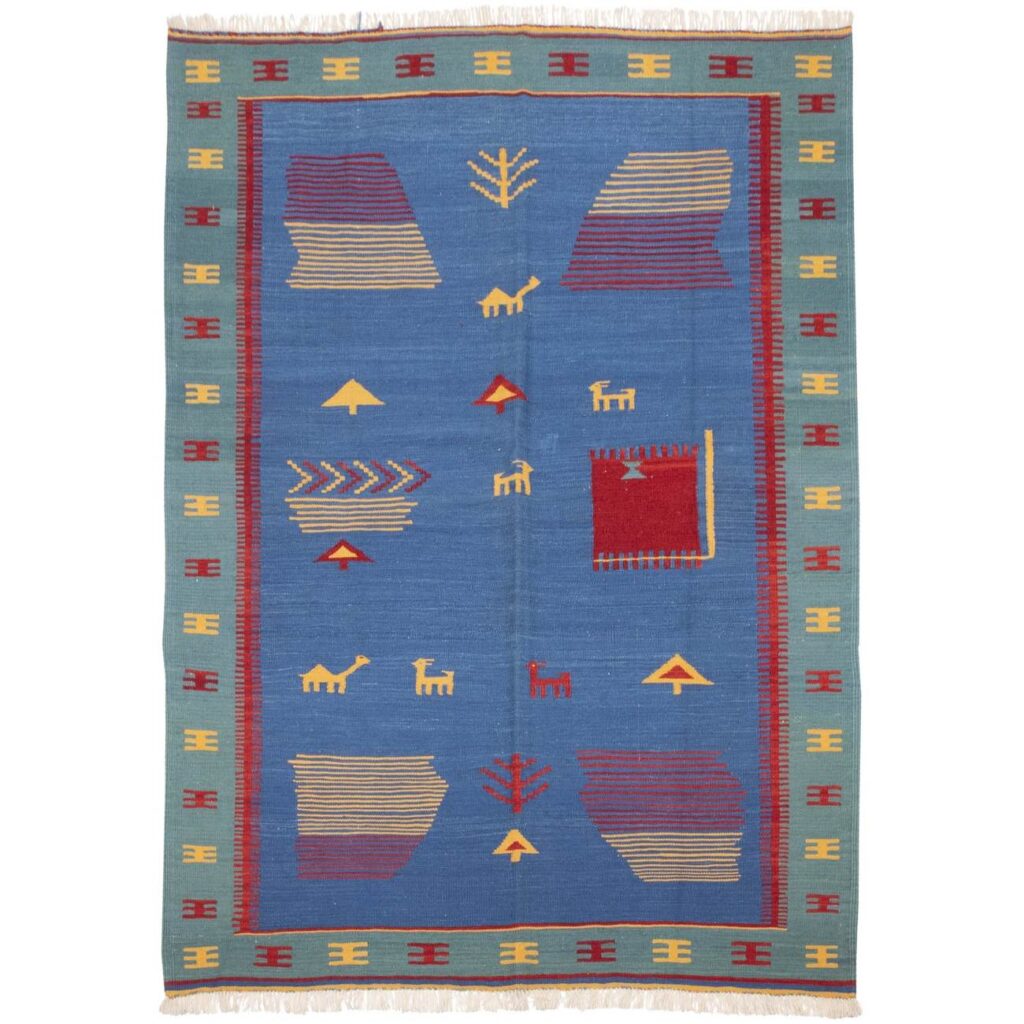 Tapis en laine Kilim persan tissé à la main avec motifs animaliers bordés