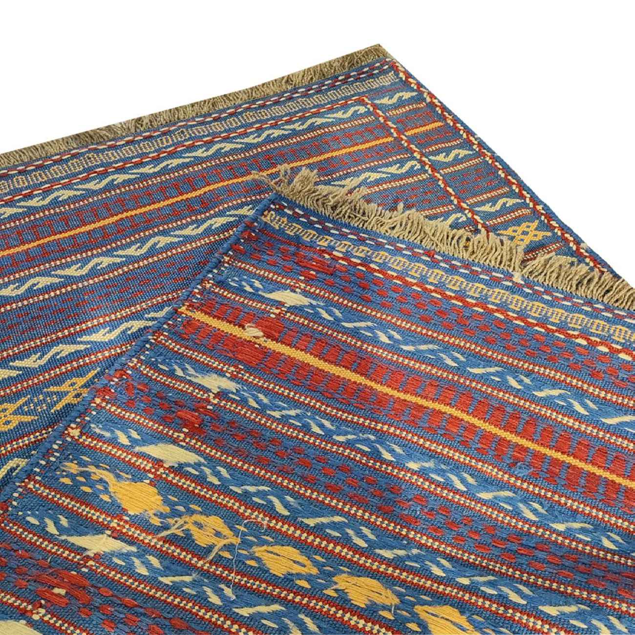 Tapis en laine Kilim persan tissé à la main avec rayures bleues