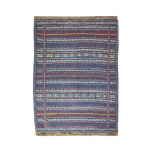 Tapis en laine Kilim persan tissé à la main avec rayures bleues
