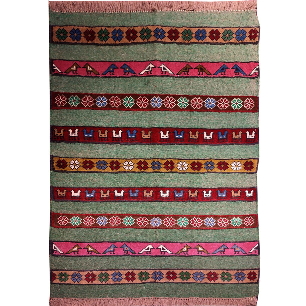 Tapis en laine Kilim persan tissé à la main avec motifs animaliers rayés