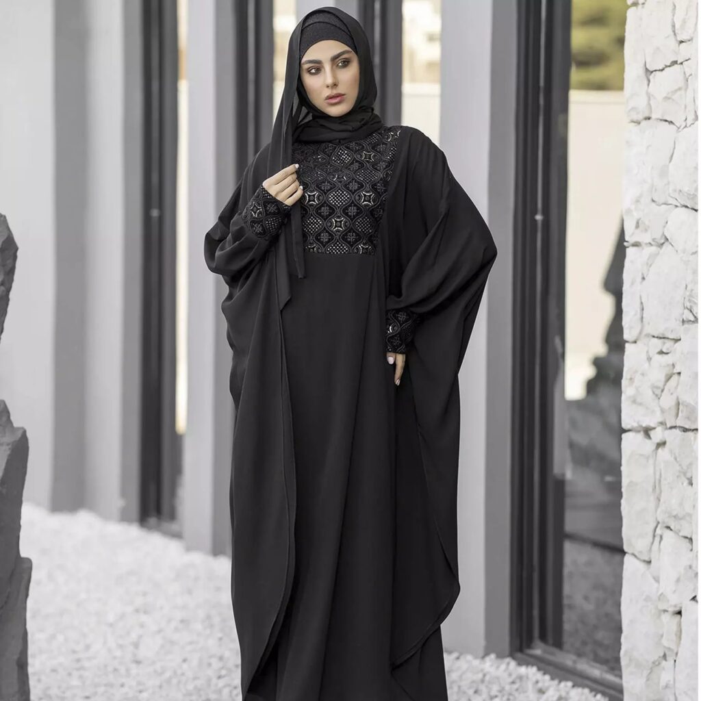 Abaya papillon coupe ample pour femmes musulmanes – Tissu crêpe noir