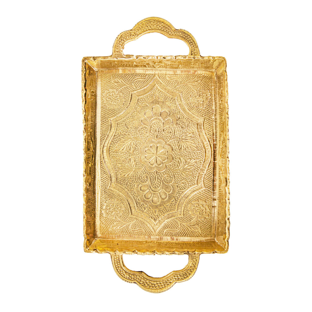 Plateau de service en laiton persan, design traditionnel gravé
