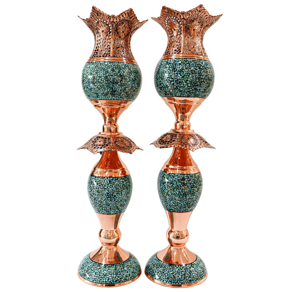 Bougeoir en cuivre persan fait à la main - Incrustation de turquoise (2x)