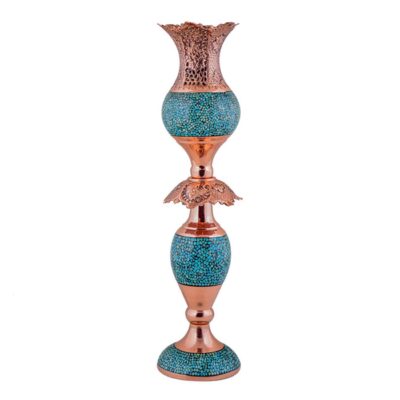 Bougeoir artisanal persan en cuivre avec incrustations de turquoise, motif tulipe orné
