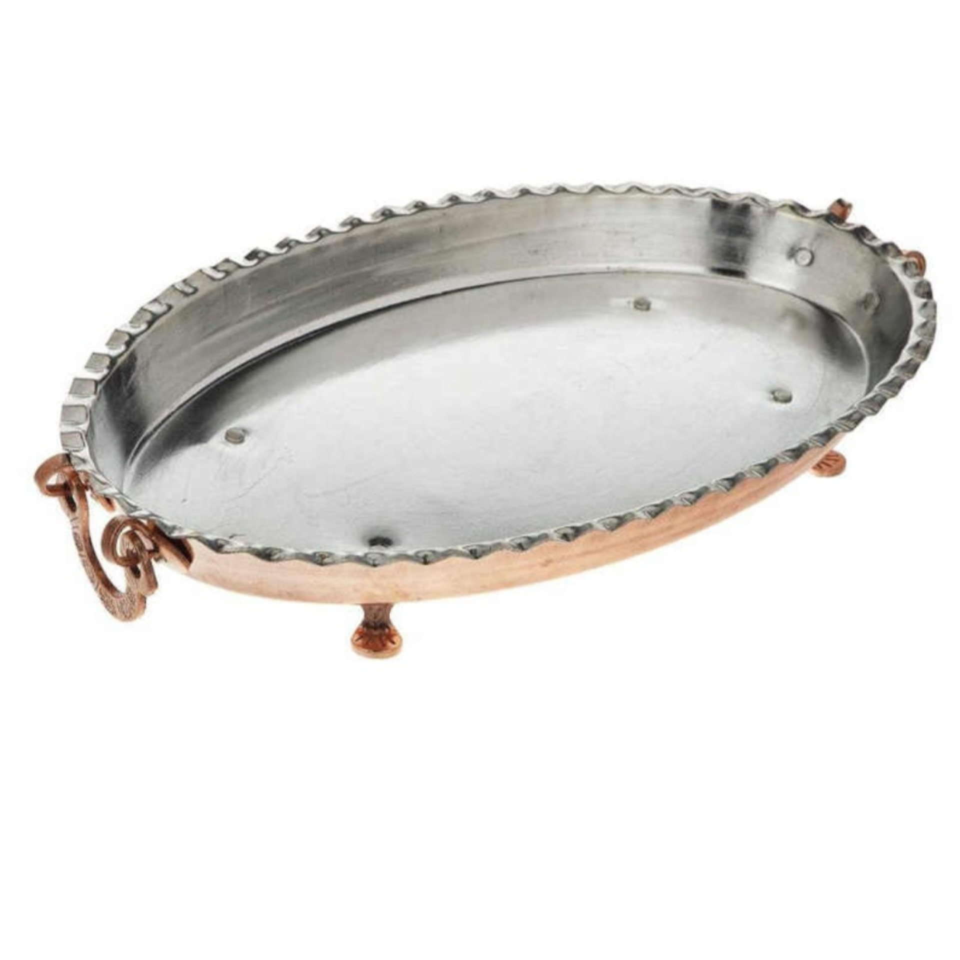 Plat de Service Persan en Cuivre sur Pied Martelé Traditionnel