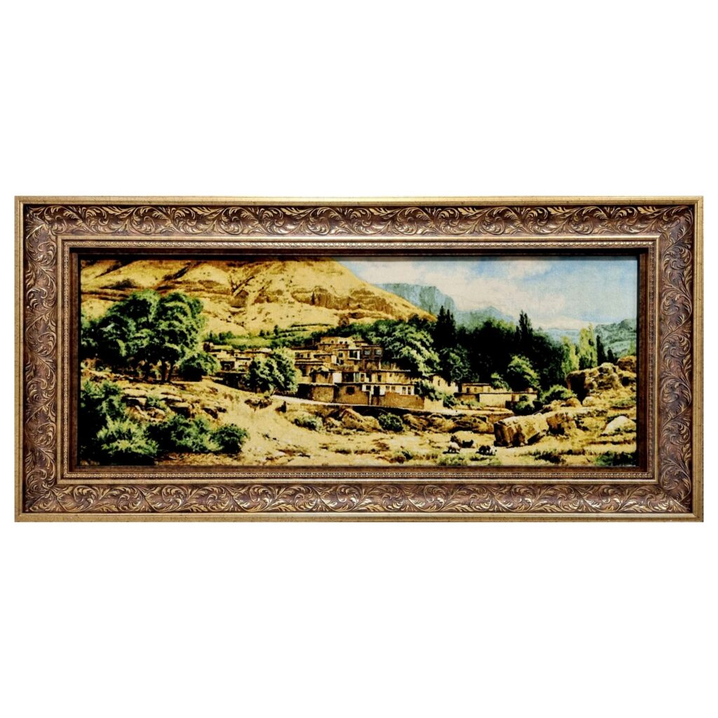 Tapis persan figuratif noué à la main de Tabriz représentant un village
