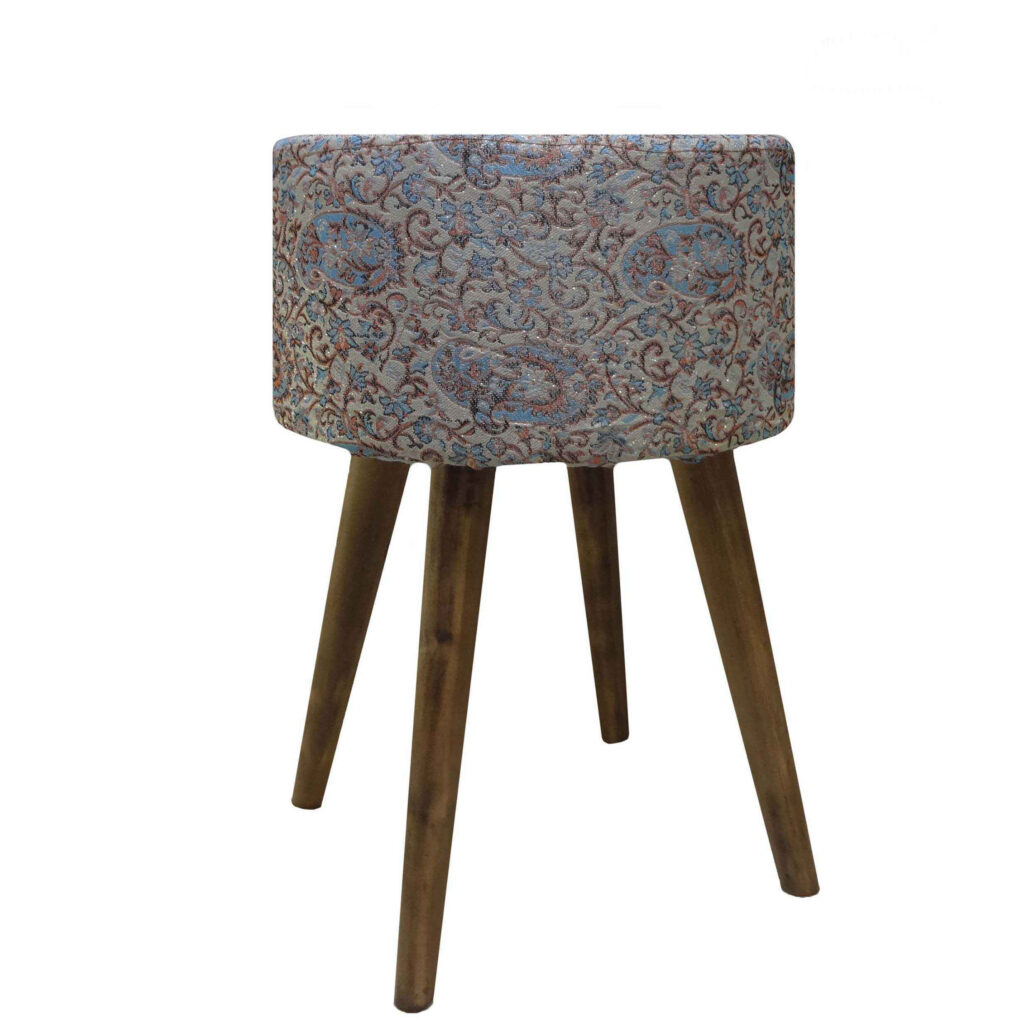 Pouf rond persan avec pieds en bois et tissu Termeh design Paisley