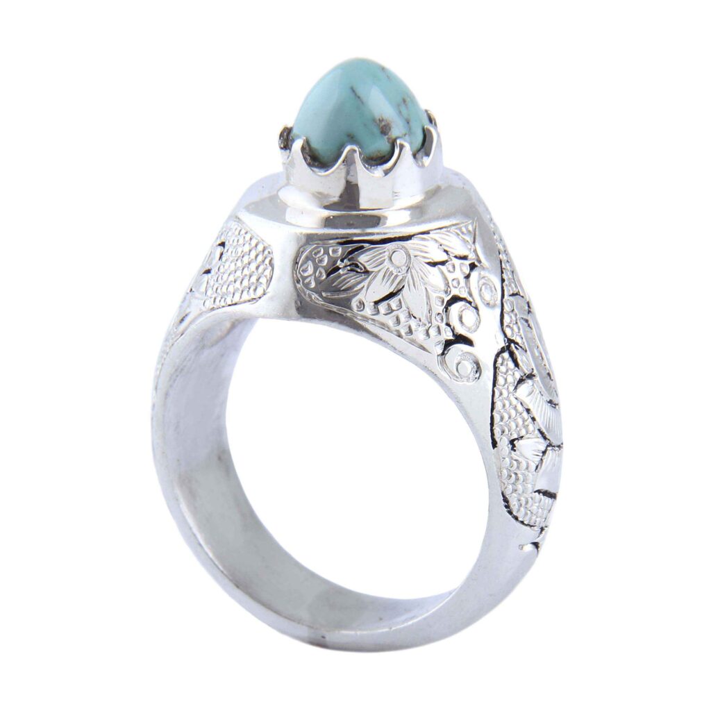Bague en Argent Persan Faite Main pour Homme avec Turquoise de Neyshabur