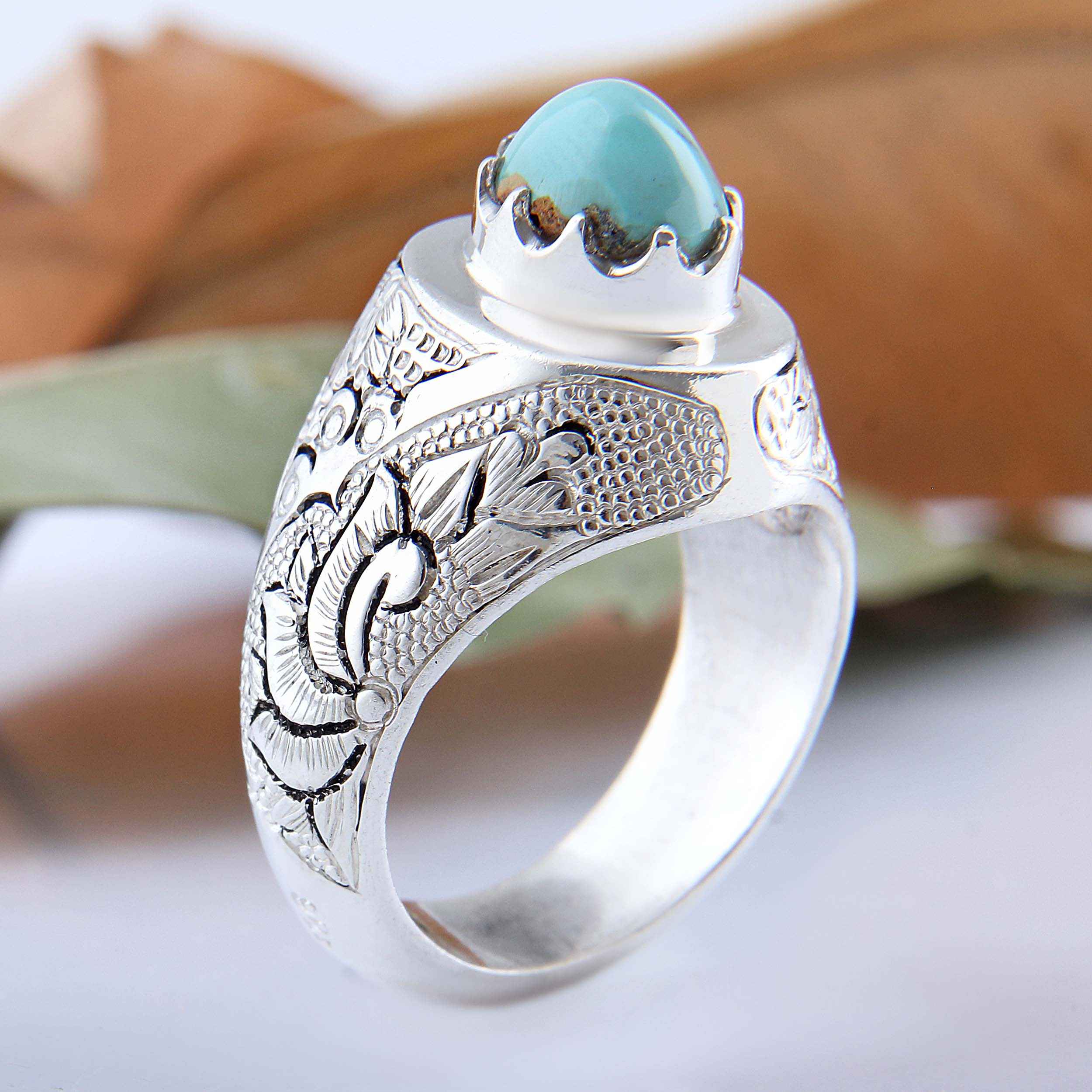 Bague en Argent Persan Faite Main pour Homme avec Turquoise de Neyshabur