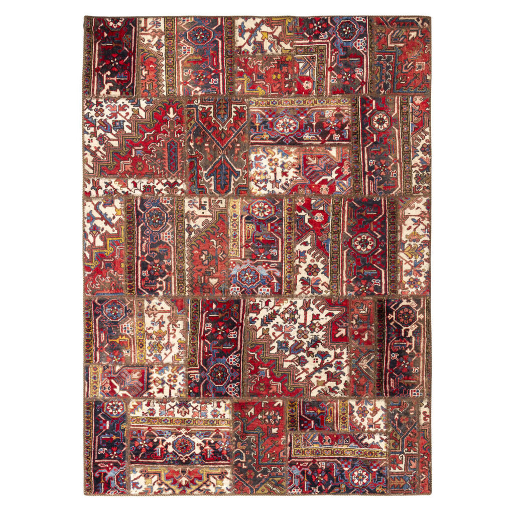 Tapis Persan Vintage Patchwork Noué à la Main Géométrique