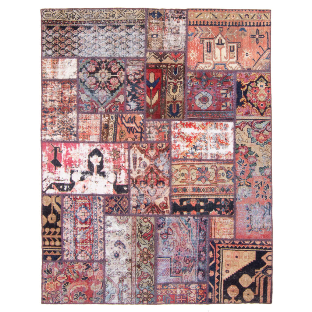 Tapis Persan Vintage Patchwork Noué à la Main Géométrique