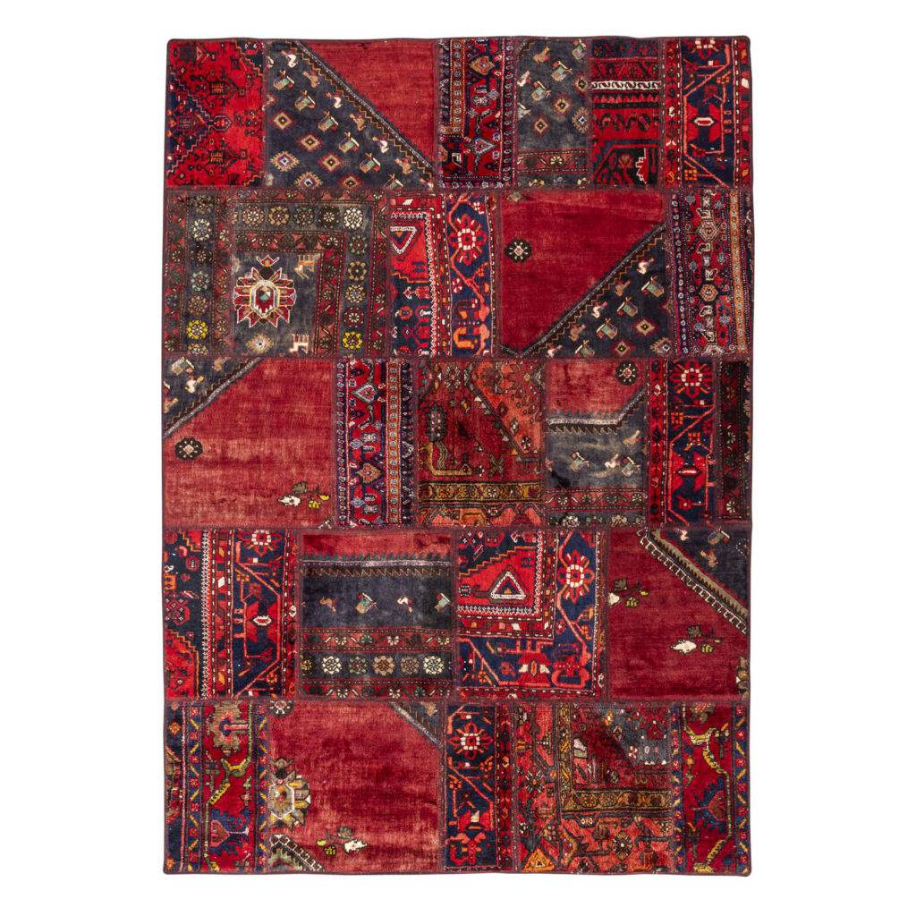 Tapis Persan Vintage Patchwork Noué à la Main Rouge