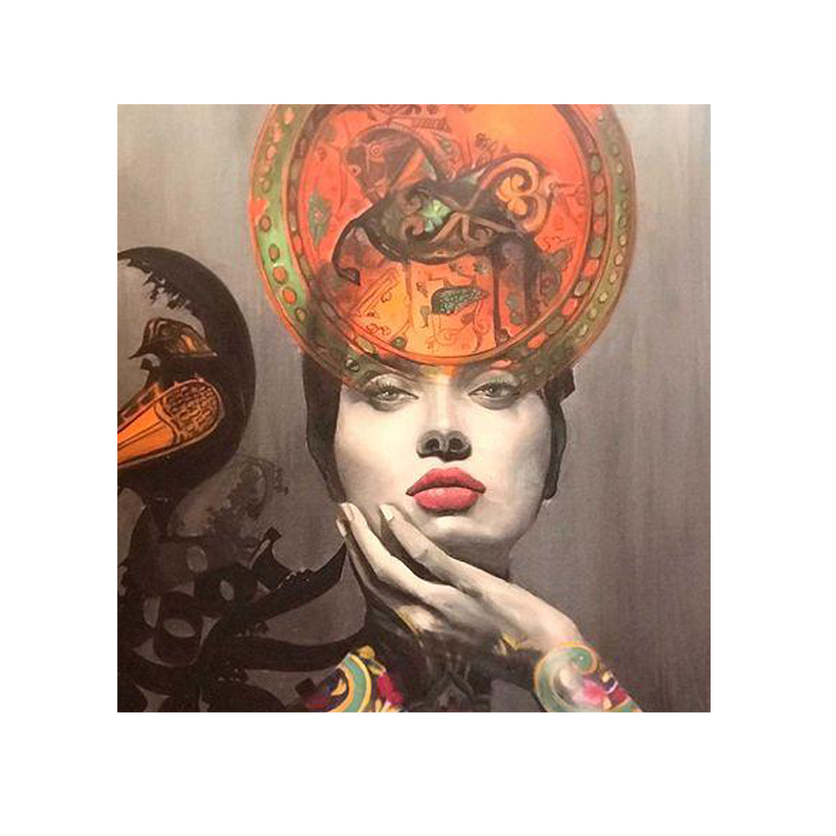 Peinture de portrait persane originale – Huile sur toile, fille et calligraphie