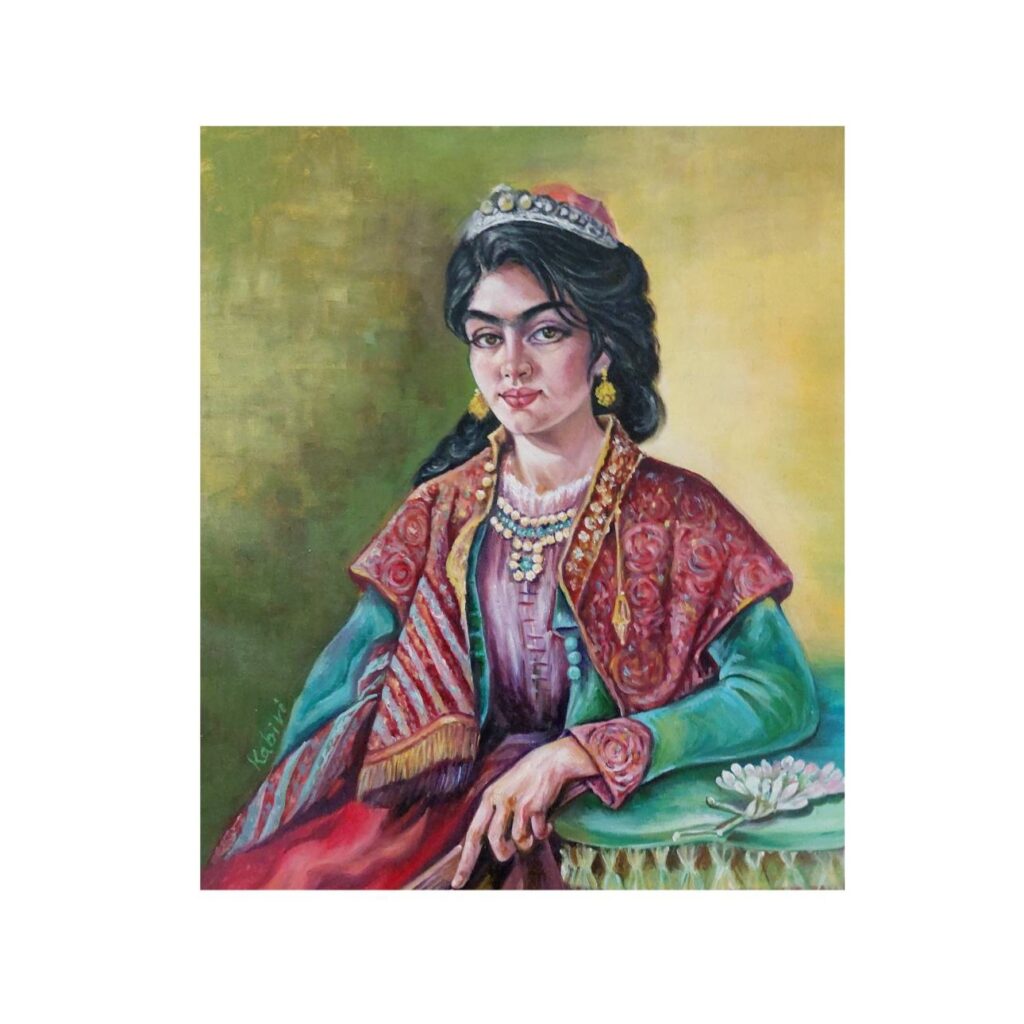 Peinture d’art persane Qajar originale : Huile sur toile, portrait de fille Qajar