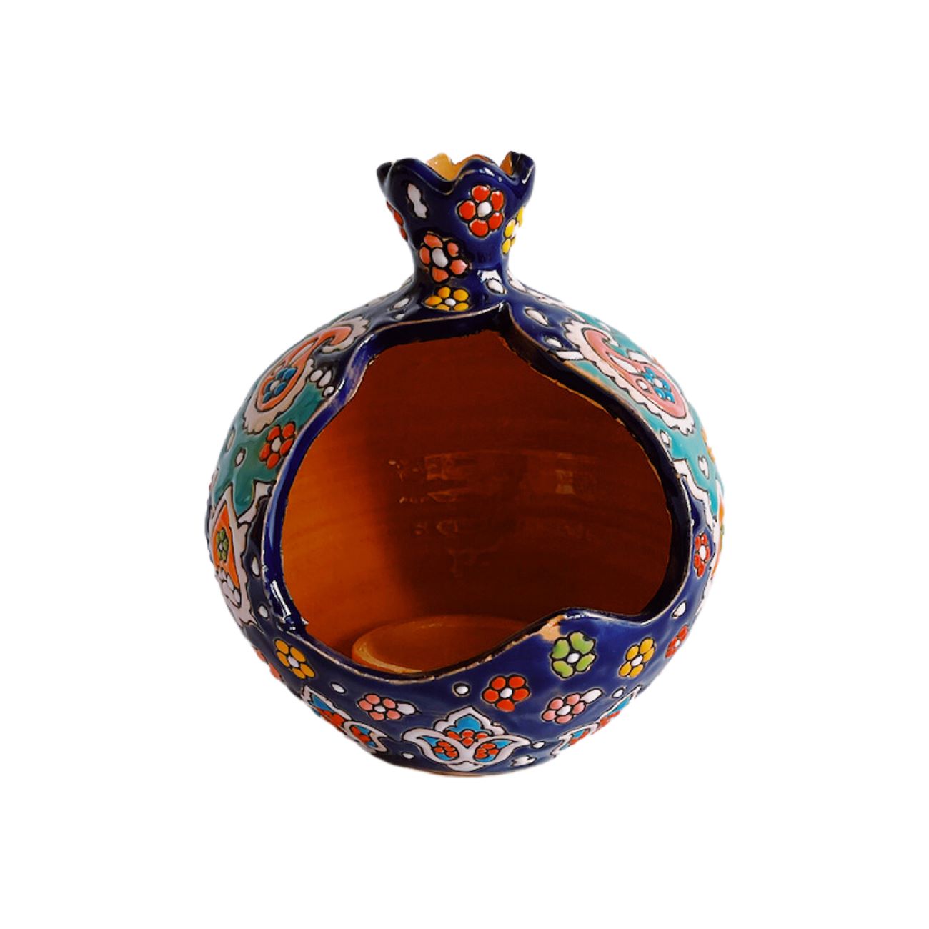 Bougeoir en poterie persane fait main avec minakari et design de grenade