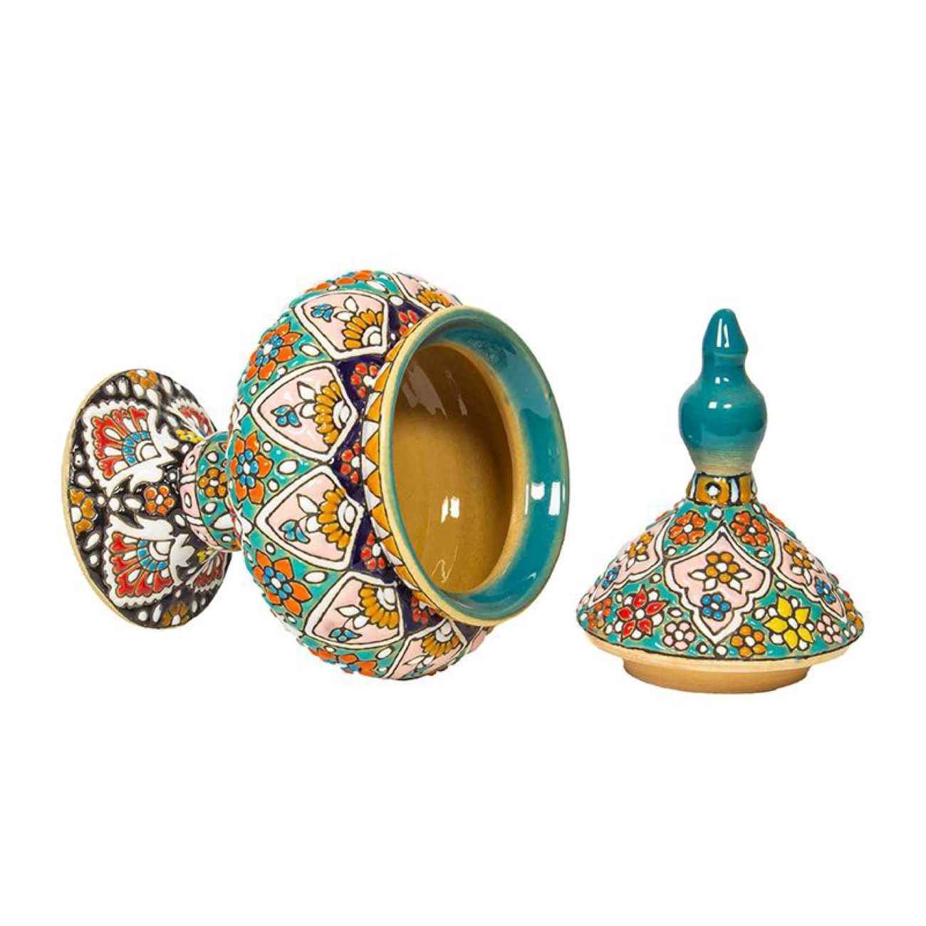 Sucrier en Poterie Persane Fait Main avec Couvercle – Minakari Émaillé avec Motif Floral