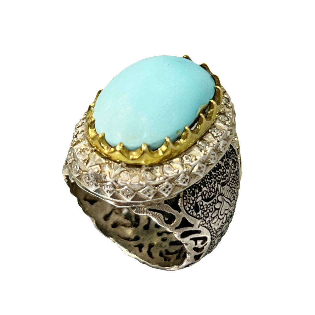Bague en Argent Persan Faite Main pour Homme avec Turquoise de Neyshabur