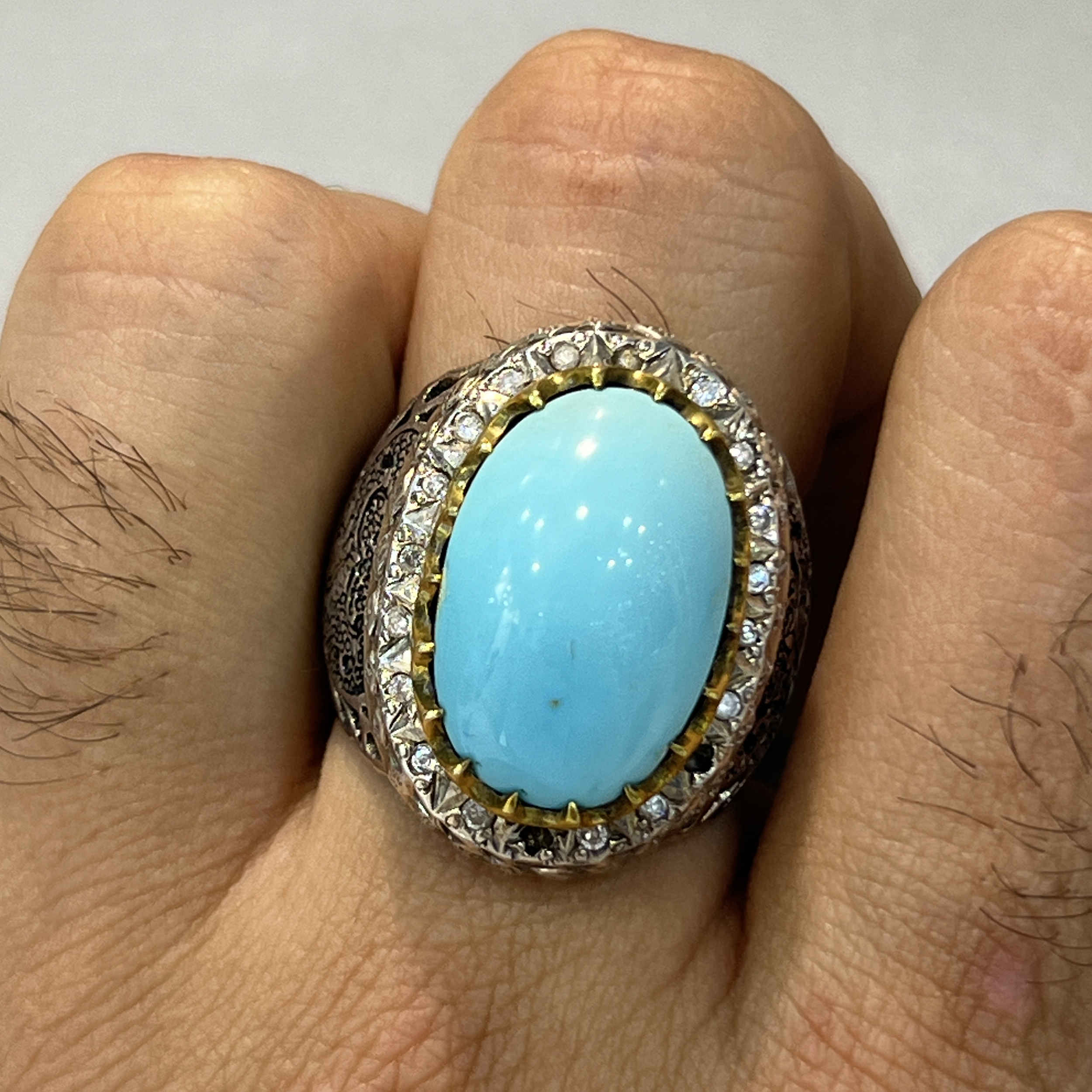 Bague en Argent Persan Faite Main pour Homme avec Turquoise de Neyshabur