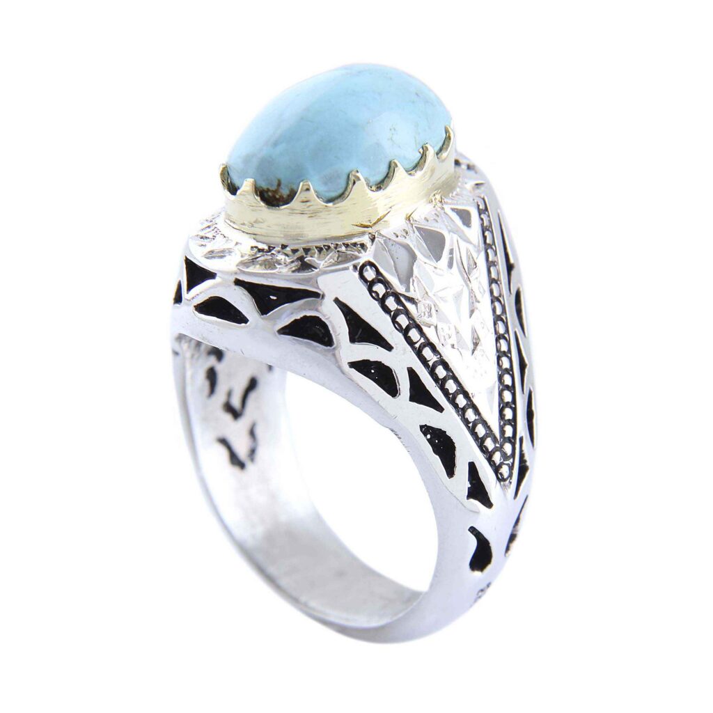 Bague Modèle Incrustation Miroir en Argent Persan avec Turquoise de Neyshabur pour Homme
