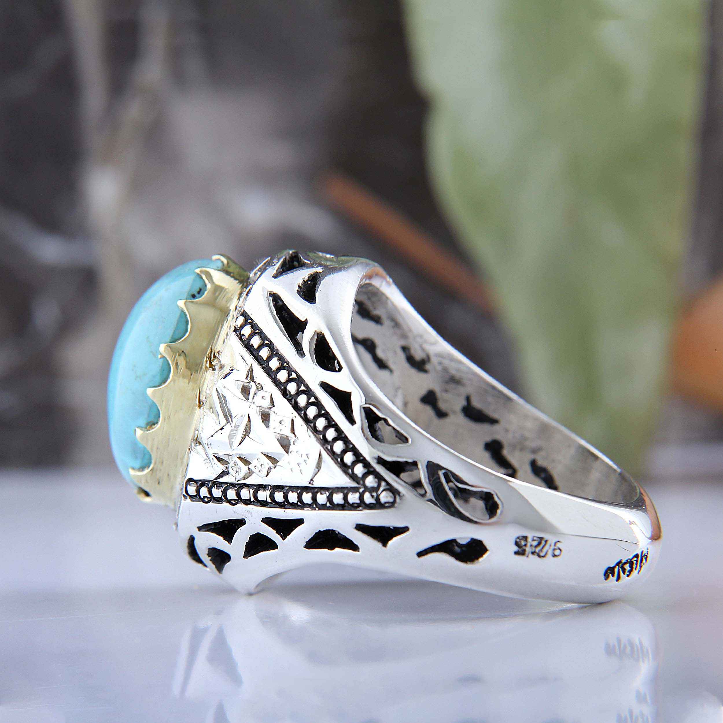 Bague Modèle Incrustation Miroir en Argent Persan avec Turquoise de Neyshabur pour Homme