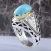 Bague Modèle Incrustation Miroir en Argent Persan avec Turquoise de Neyshabur pour Homme