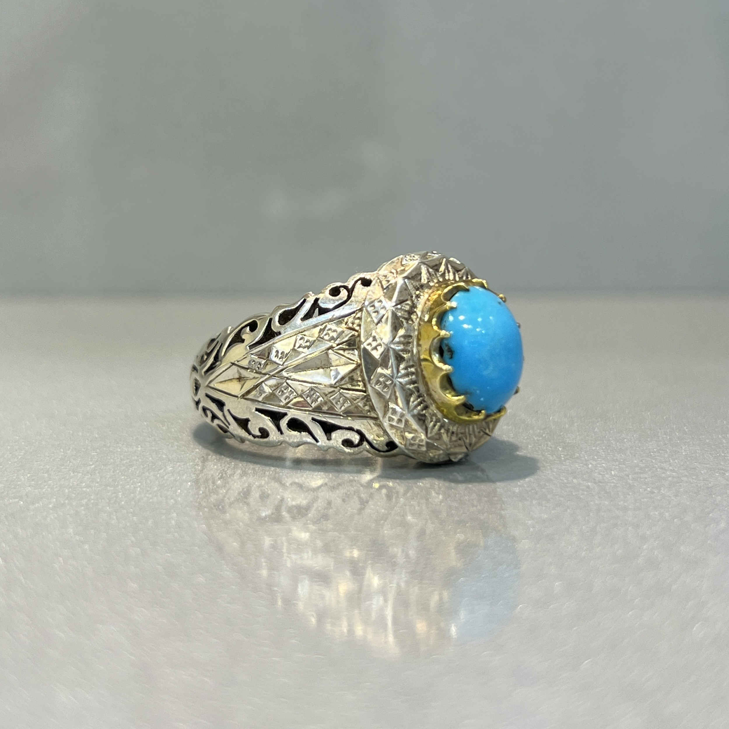 Bague Modèle Miroir en Argent Persan avec Turquoise de Neyshabur pour Homme