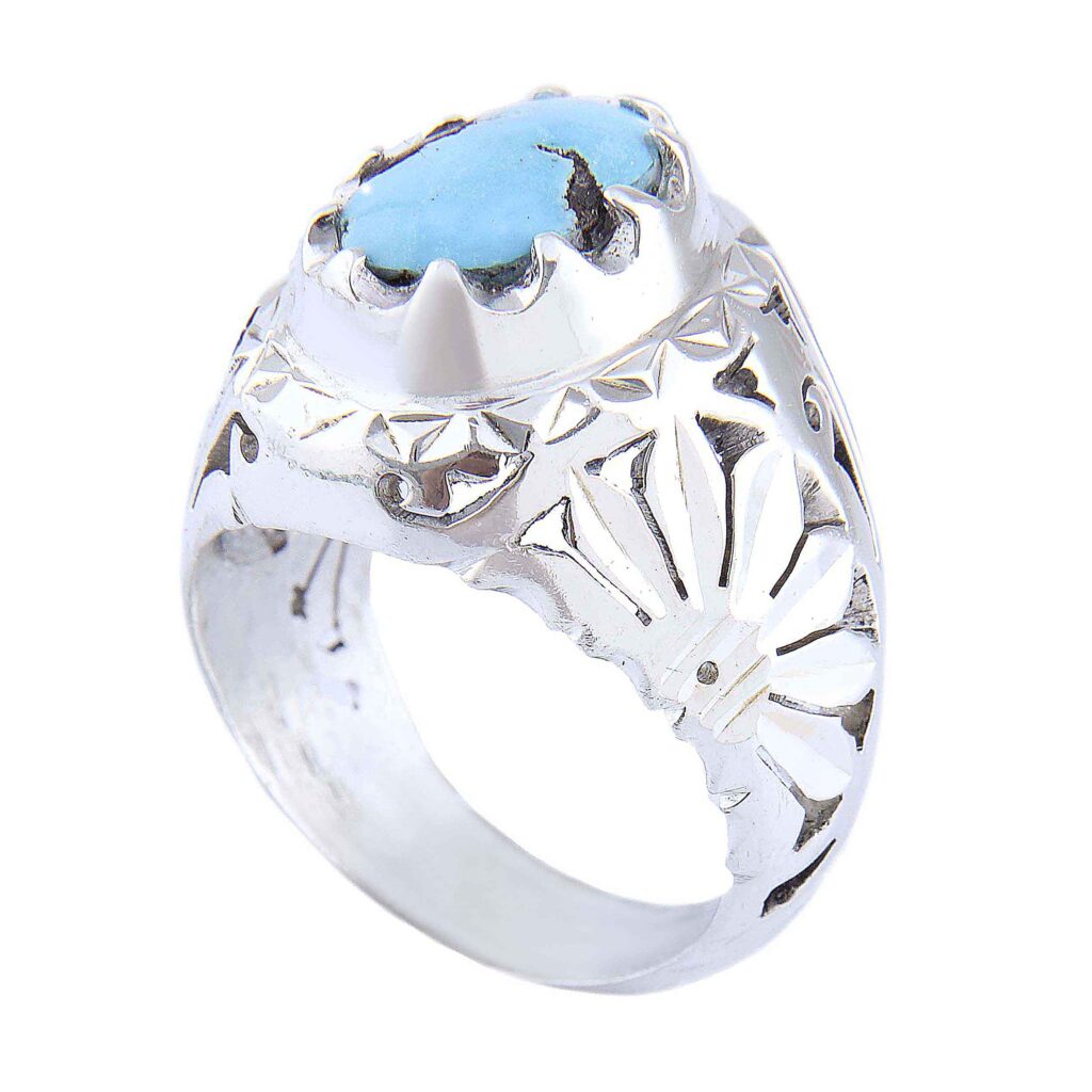 Bague en Argent Persan Faite Main III avec Turquoise de Neyshabur