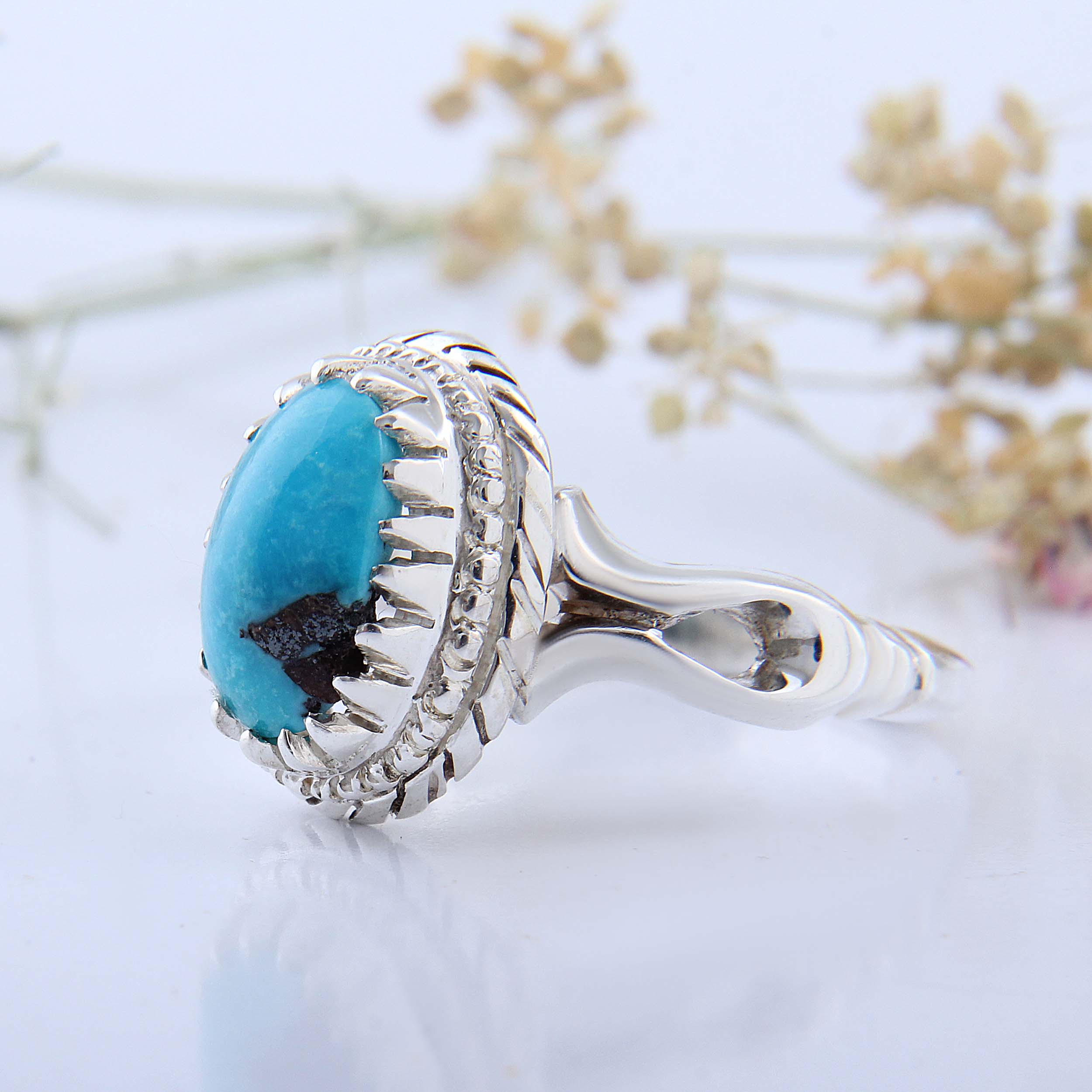 Bague en Argent Persan Faite Main avec Turquoise de Neyshabur