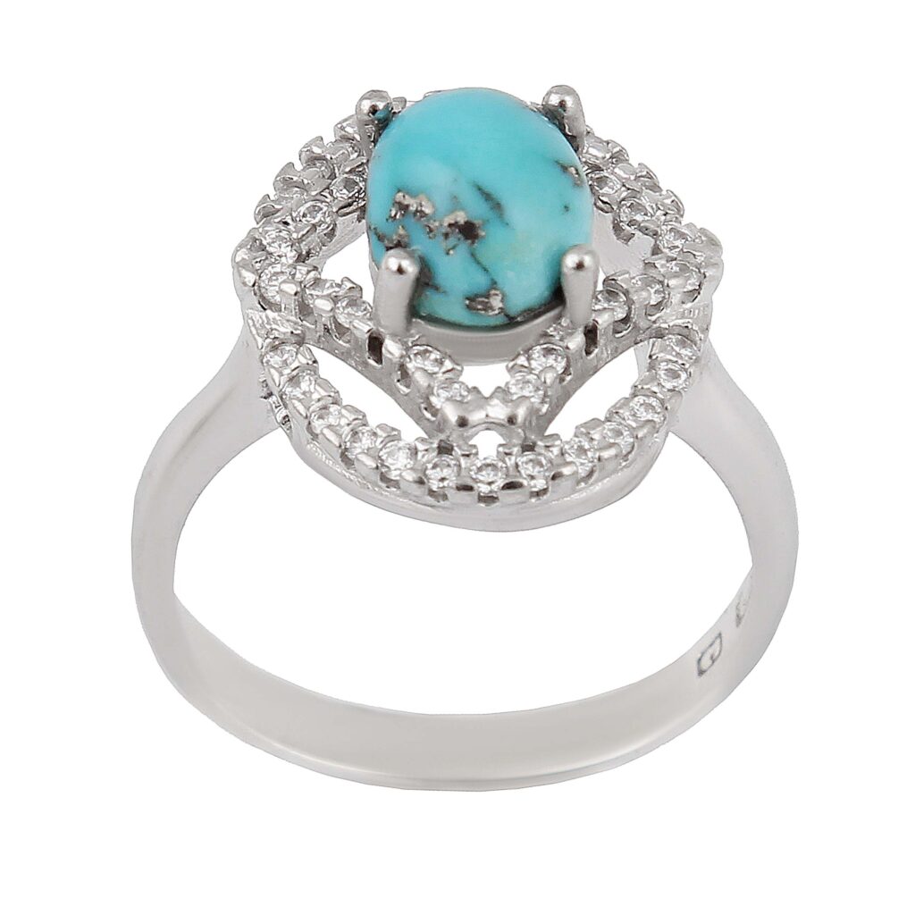 Bague en Argent Persan Faite Main Plaquée Rhodium avec Turquoise de Neyshabur