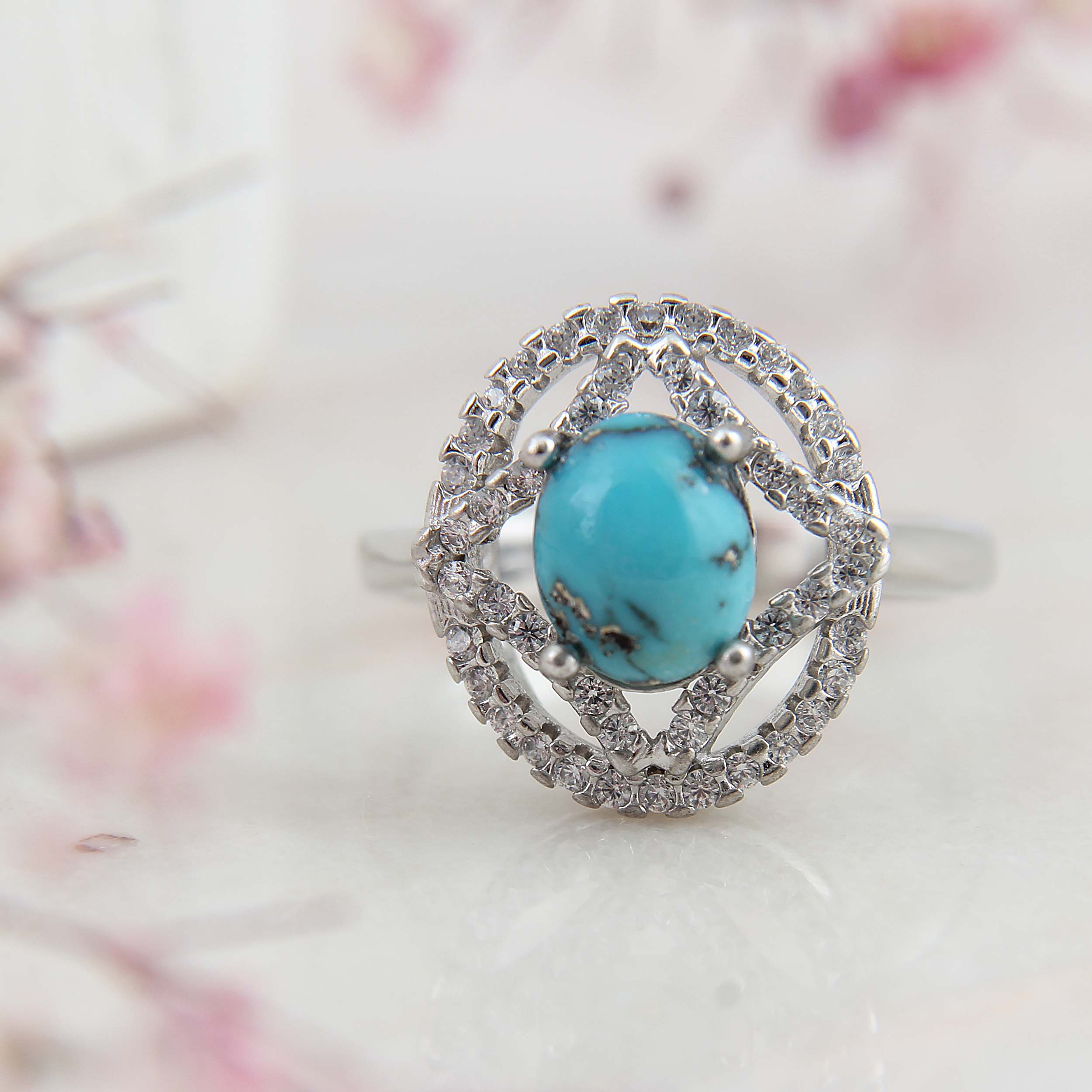 Bague en Argent Persan Faite Main Plaquée Rhodium avec Turquoise de Neyshabur