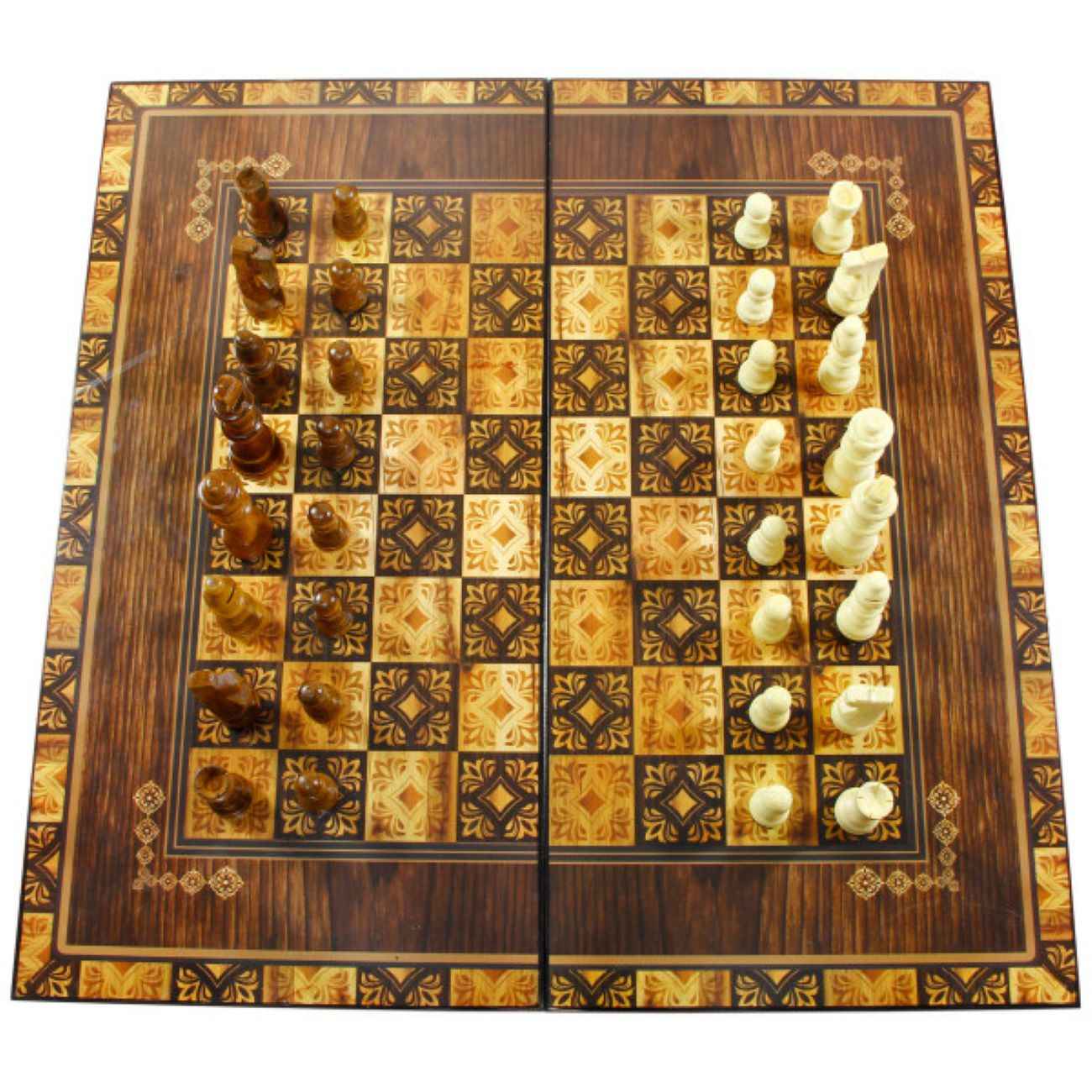 Plateau d’Échecs en Marqueterie Incrustée en Bois Persan avec 32 Pièces & Design Artistique