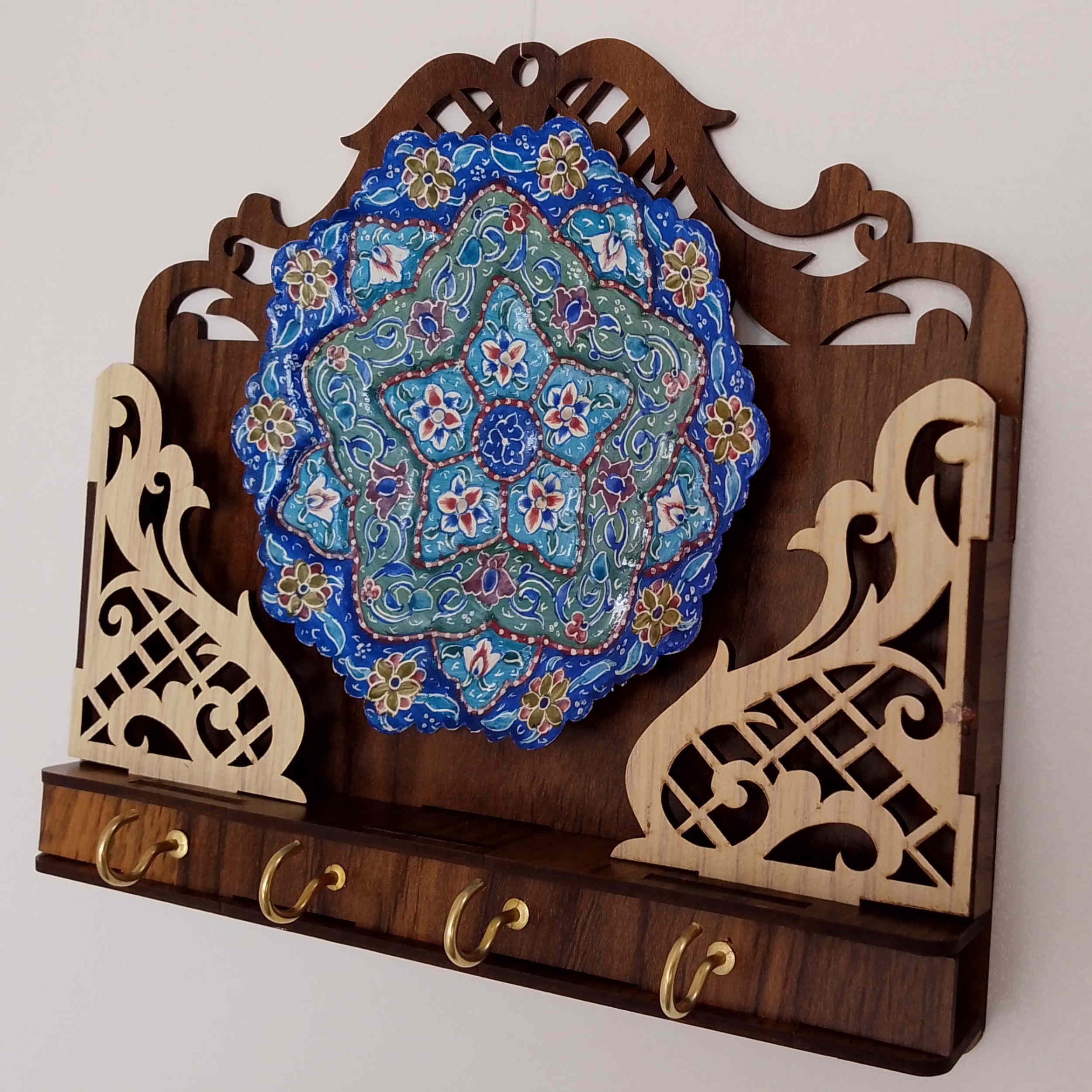 Porte-clés mural en bois persan fait main avec 4 crochets