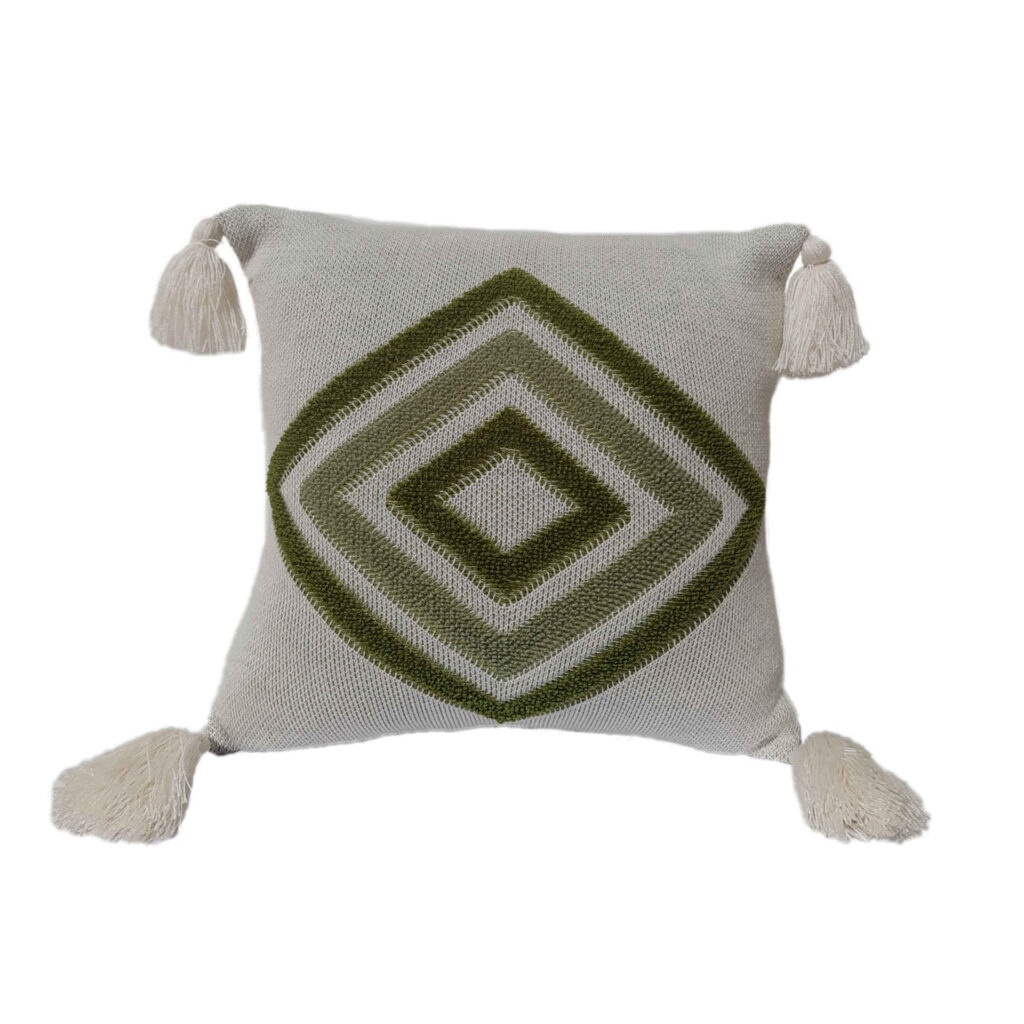 Housse de Coussin Punch Needle - Design Géométrique Vert Brodé