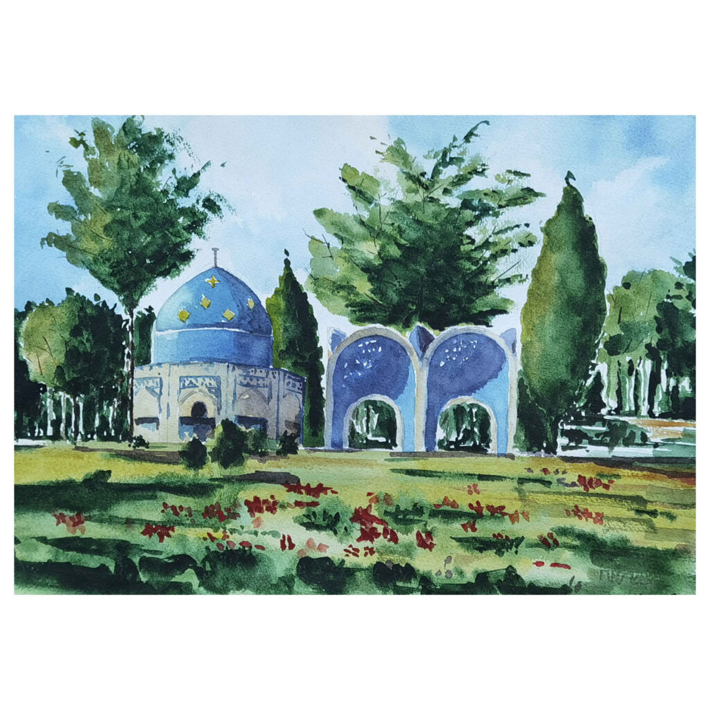 Peinture réaliste originale - Aquarelle sur carton, tombeau de Attar Neyshaburi