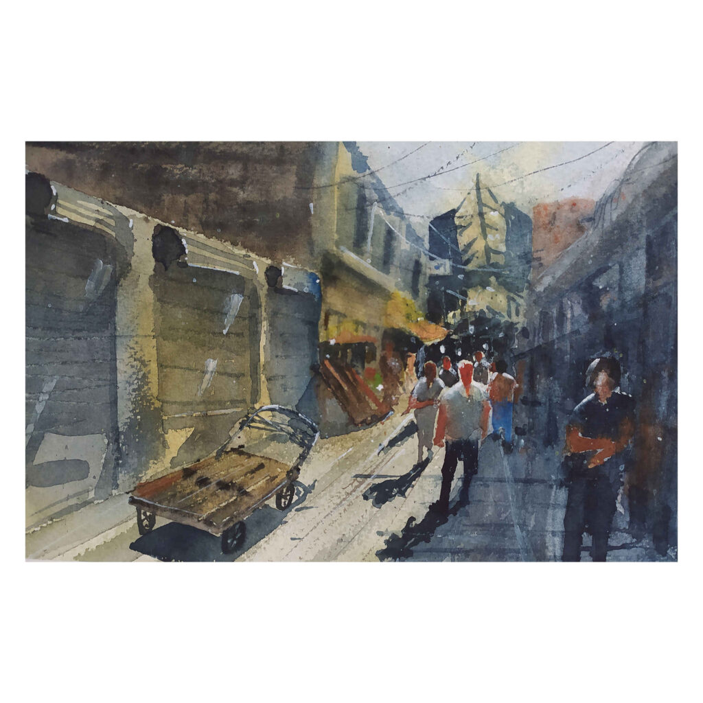 Peinture réaliste originale - Aquarelle sur carton, Grand Bazar de Téhéran