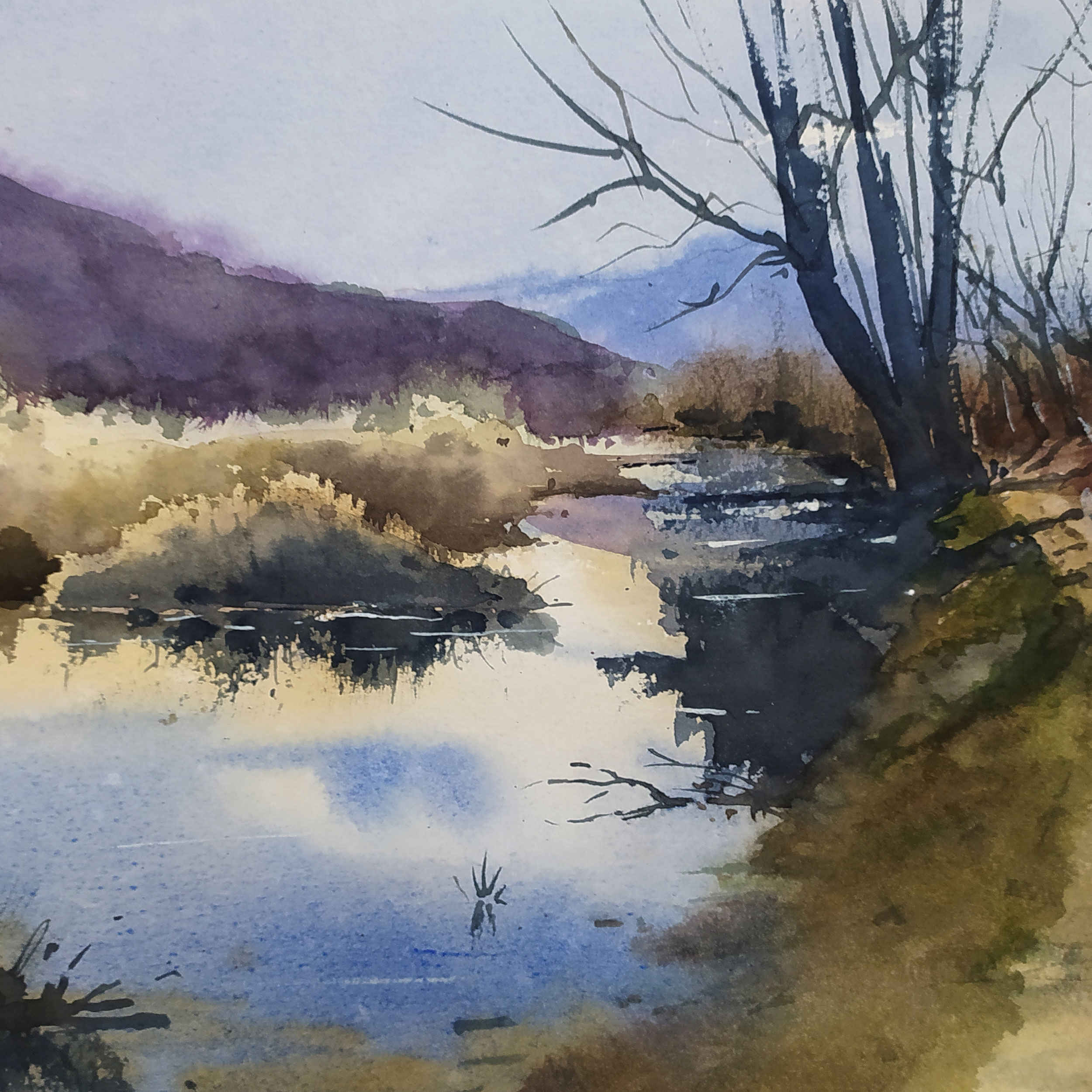 Peinture réaliste originale – Aquarelle sur carton, paysage