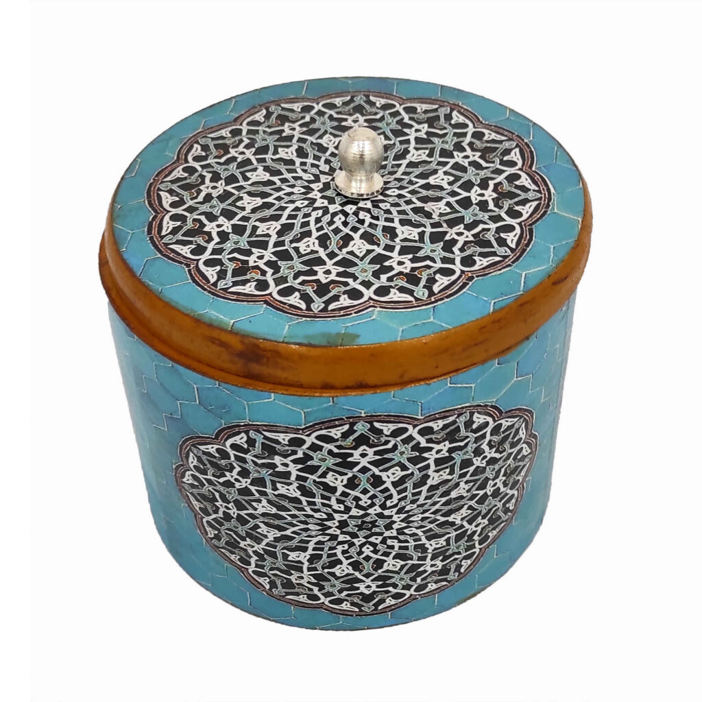 Bol à sucre en bois fait main avec couvercle et design artistique persan Mandala bleu